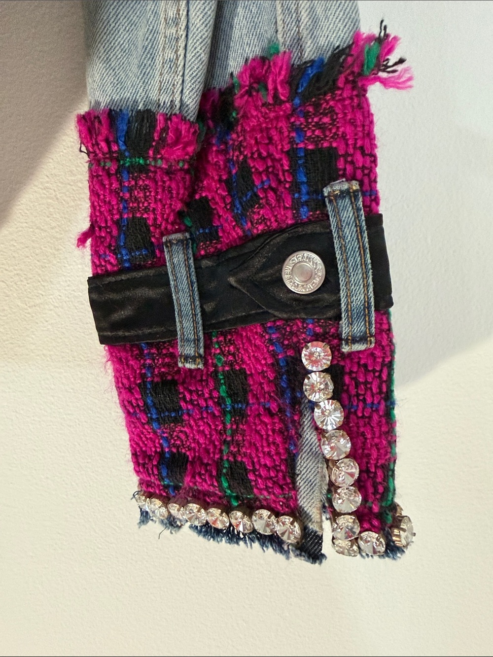 Levy’s Handmade Pink & Black Plaid Tweed and Light Blue Denim Embellished Jacket - Picture 10 of 11